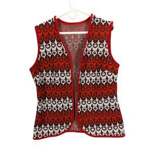 Vintage Vest Womens Large Open front Hippie Boho Twee Polyester 1960s Red Black